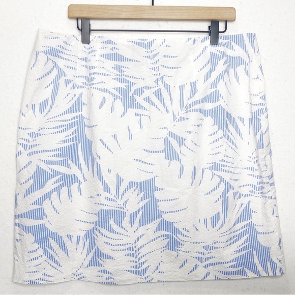 Talbots Tropical Hawaiian Palm Print 100% Cotton Seersucker Blue White Skirt 16 - Picture 3 of 10
